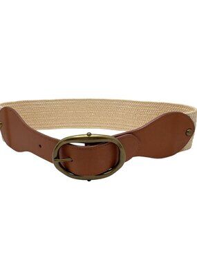 Lauren Ralph Lauren W Woven Belt Leather Accents Brass Buckle Small Tan Brown